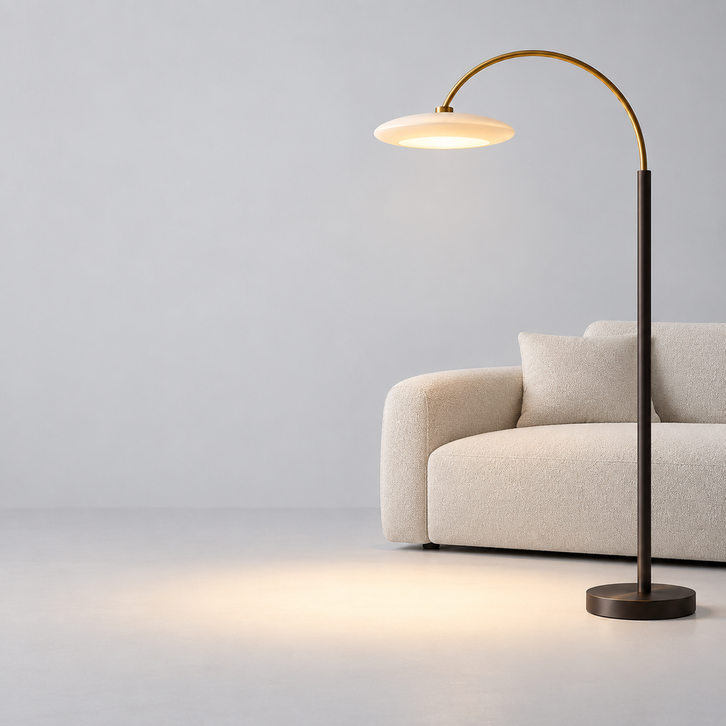 Avelin Arc Floor Lamp feature and light-distribution view