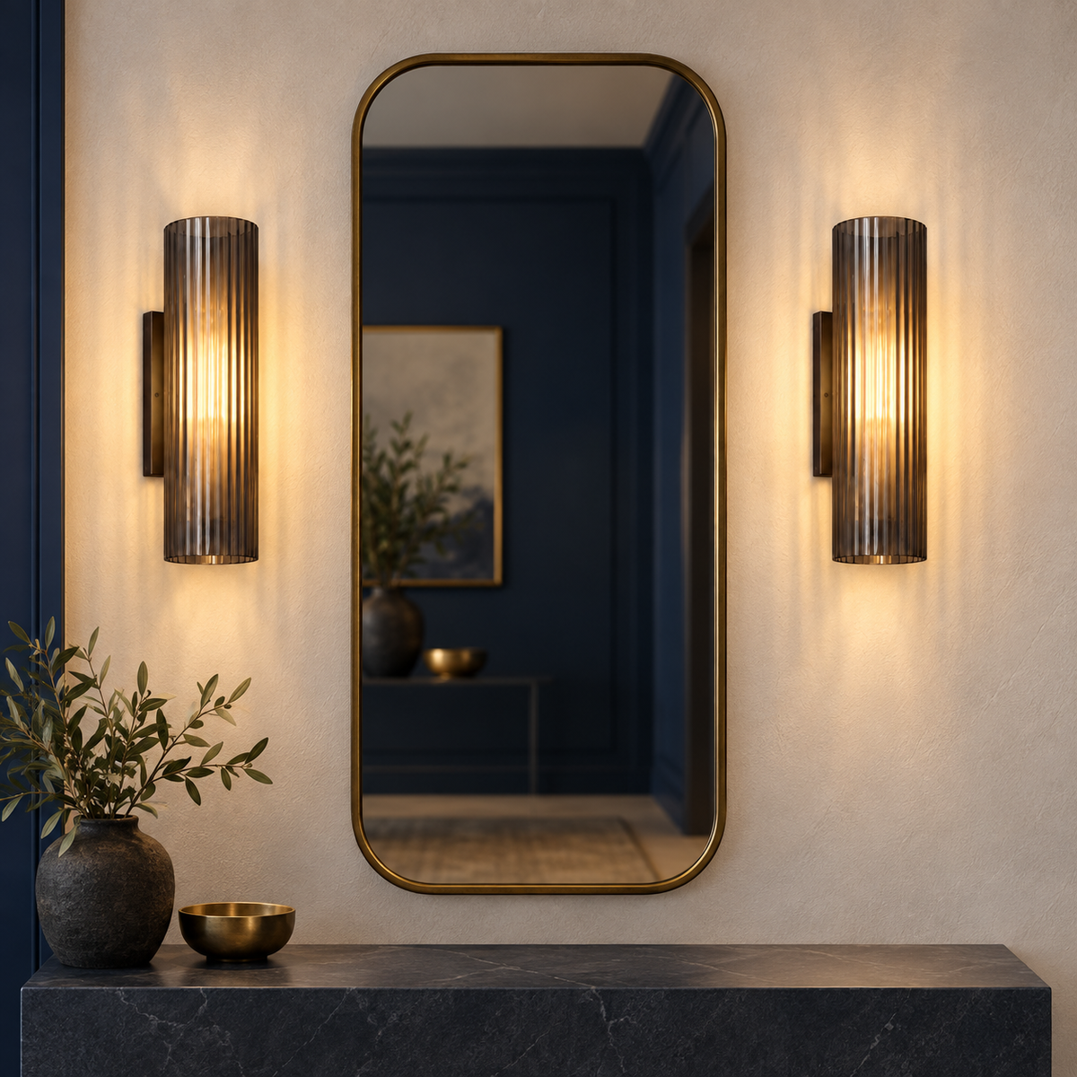 Nerra Ribbed Glass Wall Sconce in a considered interior setting