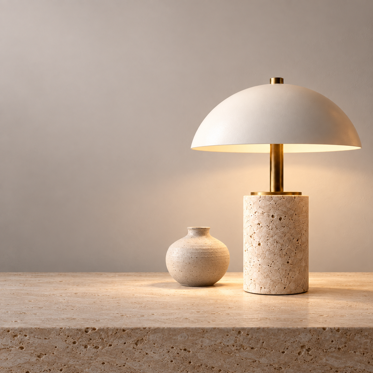 Solenne Travertine Table Lamp feature and light-distribution view